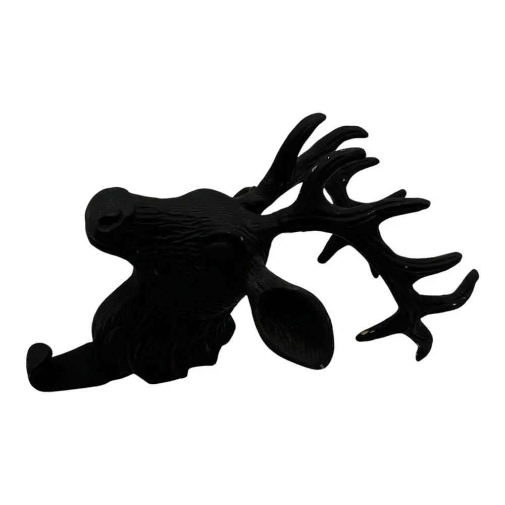 Vtg Matte Black Brass Trophy Deer Buck Stag Head Antler Coat Hook Rack 11